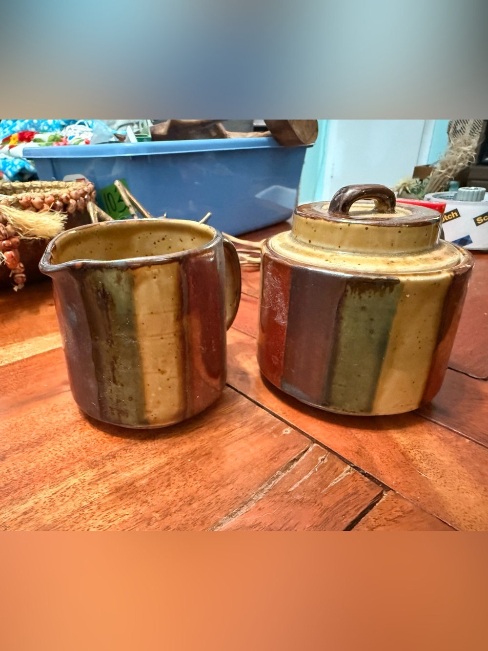 Beautiful multi-colored Rustic Art Pottery Creamer and Sugar Bowls 3 Pc.